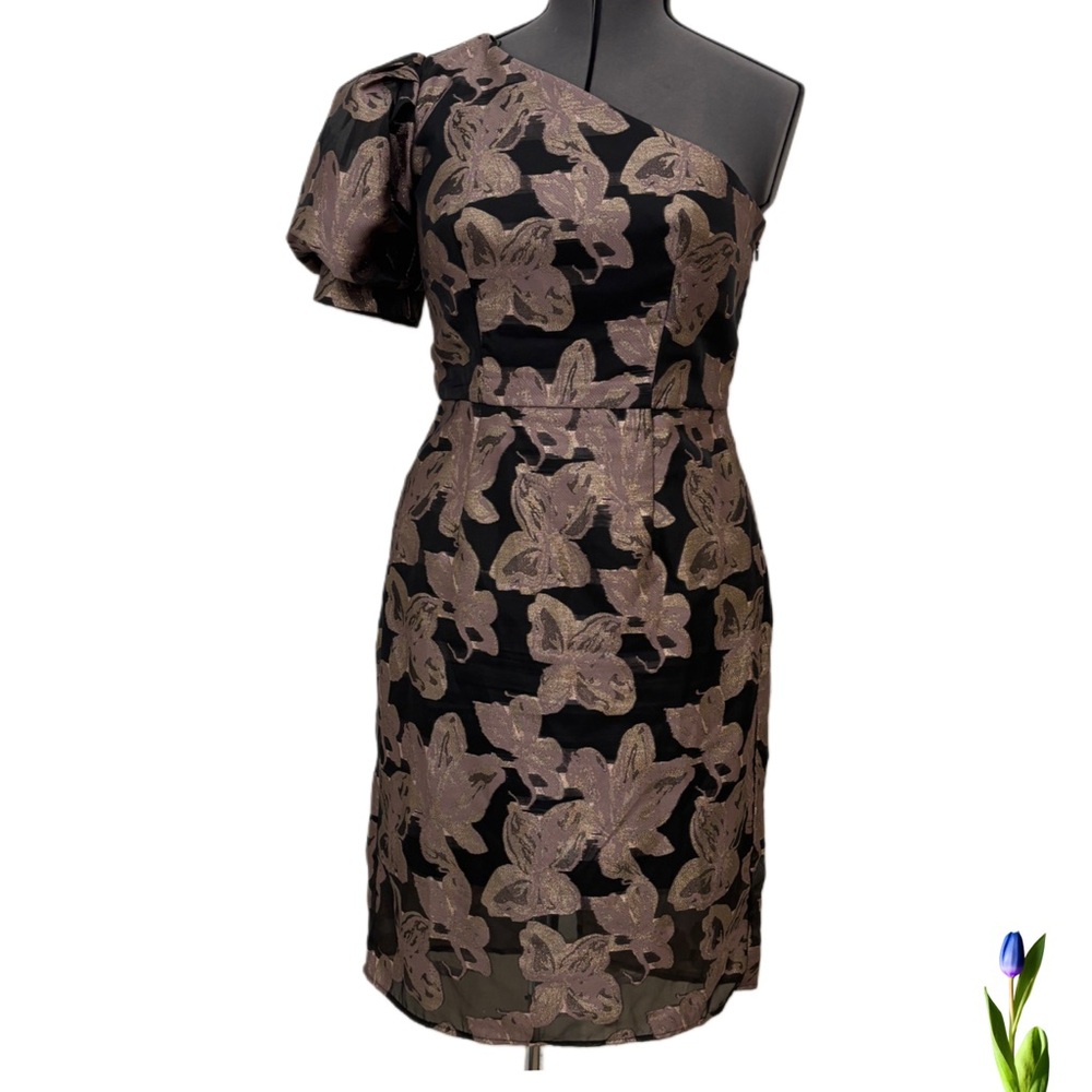 Chi Chi London, Elegant Black and Gold One-Shoulder Dress, Wedding Guest Size 14